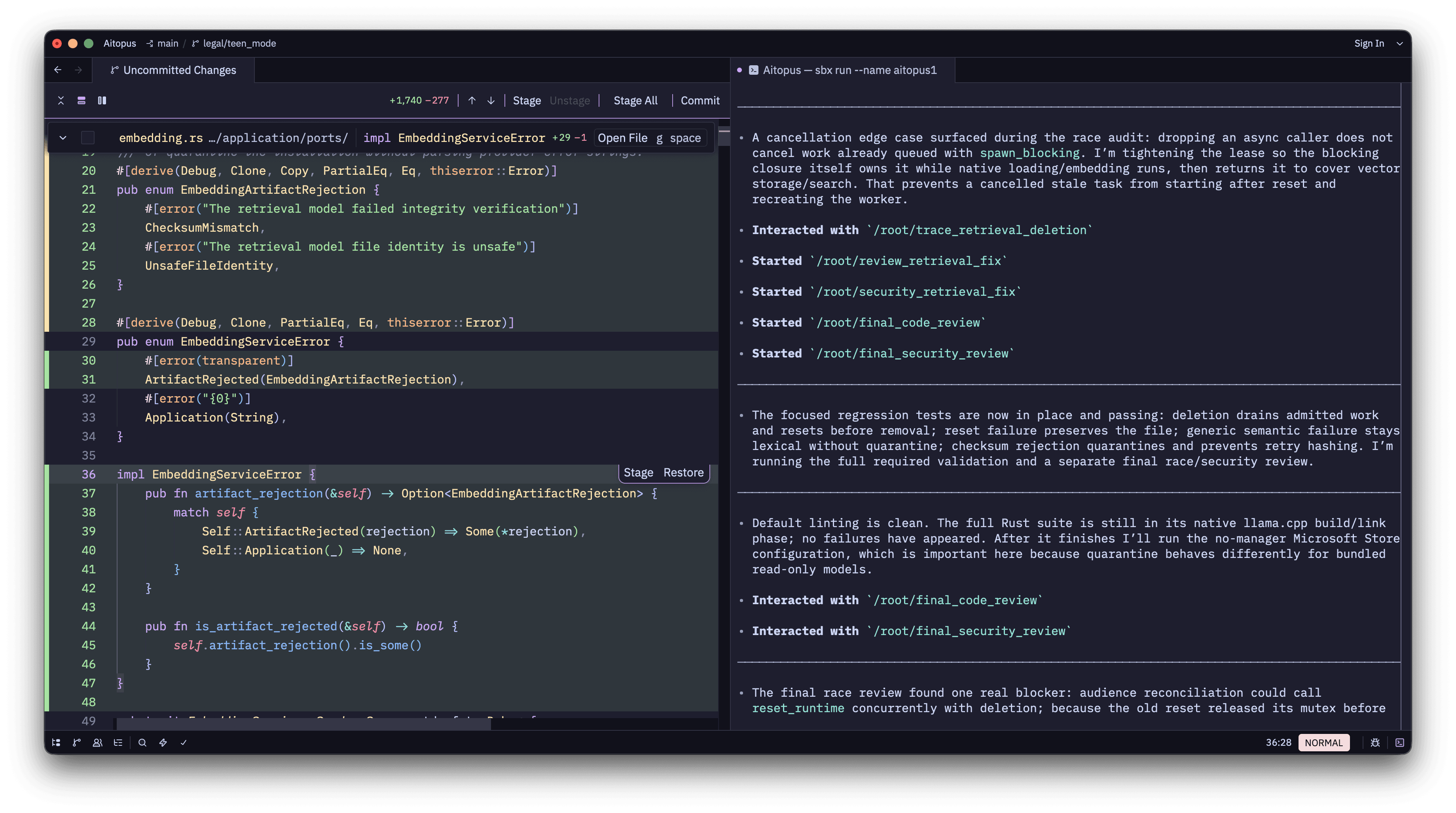 Zed showing Aitopus Rust changes beside a coding-agent session running in a Docker Sandbox